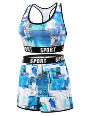 Sea Print Racer Back Bra & Shorts Set Plus Size Women's Sporty Underwear