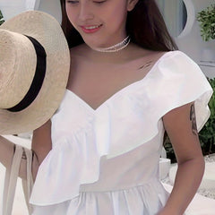 Asymmetrical Spaghetti Strap Top with Ruffle Trim - Summer Women's Clothing