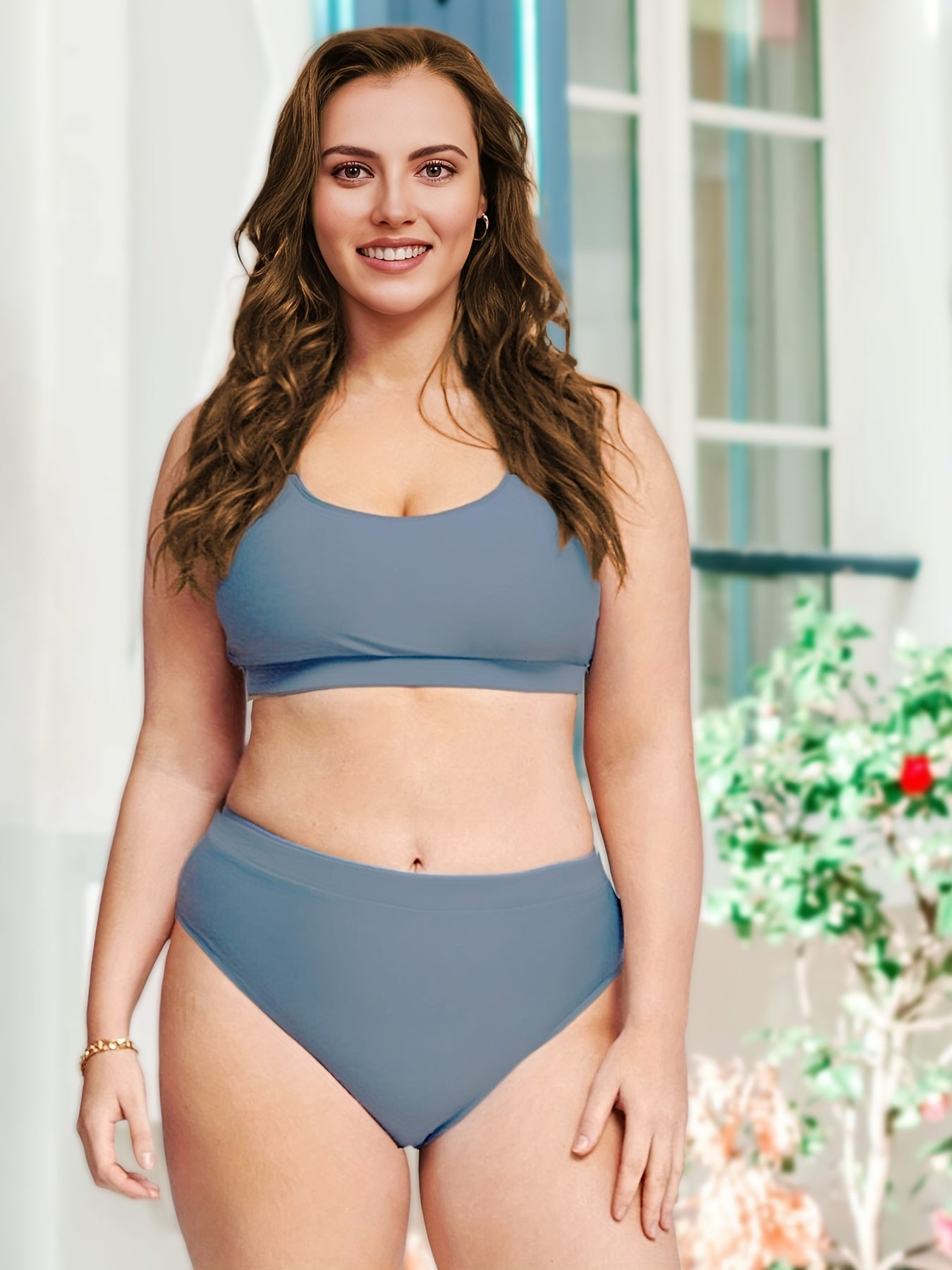 Bikini Set Round Neck High Stretch Two Piece Set