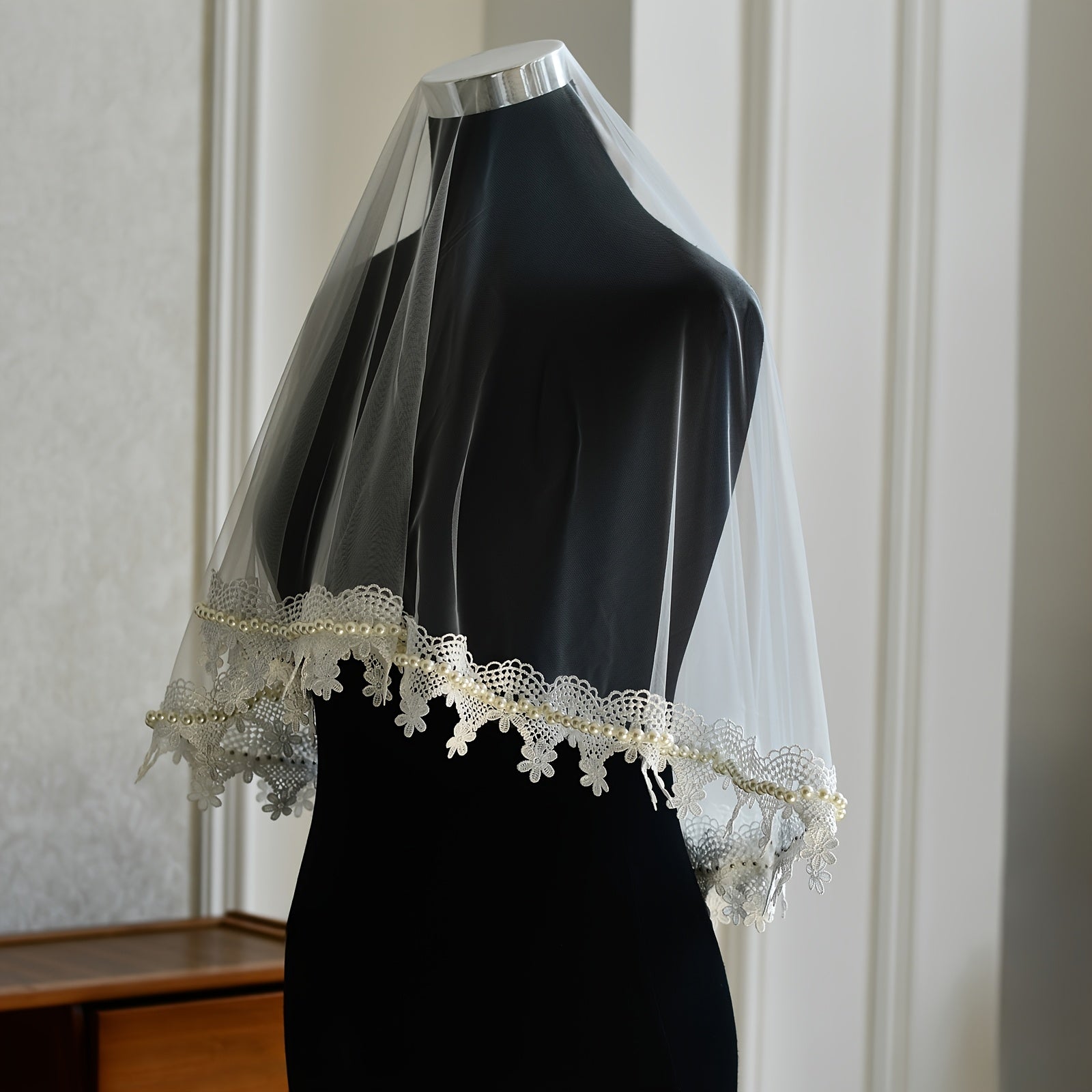 Bridal Veil Pearl Lace Trim Nylon Wedding Accessory M98