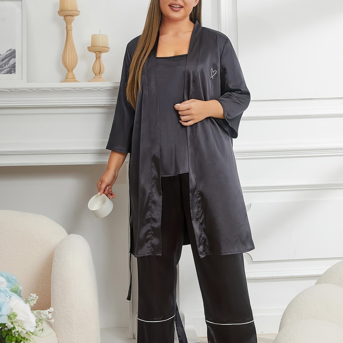 Contrast Pipping Satin Robe & Cami Top & Pants Set