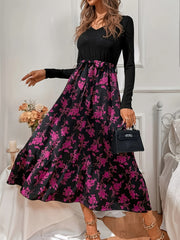 Colorblock Floral Long Sleeve Maxi Dress With Belt