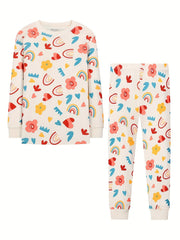 Floral Pattern Kid's 2pc Pajama Set, Long Sleeve Top & Pants, Cotton PJ Set