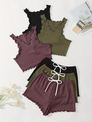 Waffle Pajama Set Solid Comfortable Tank Top & Shorts Women's Loungewear
