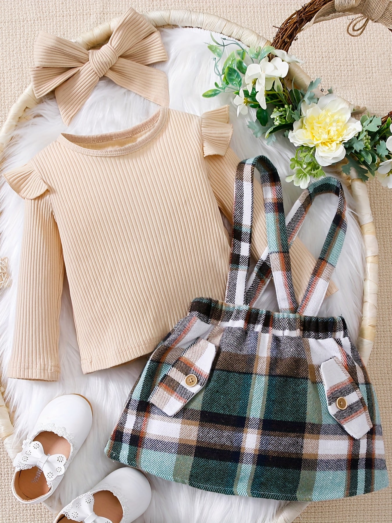 2PCS Toddler Baby Girl Outfit Long Sleeve Tops & Plaid Suspender Dress Set