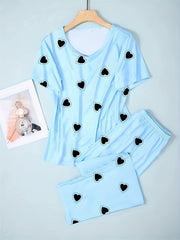 Heart Print Pajama Set Short Sleeve Top & Loose Pants Women's Loungewear