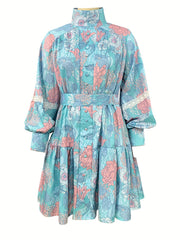 Floral Print Button Front Dress Pleated Long Sleeve High Collar Summer Dress
