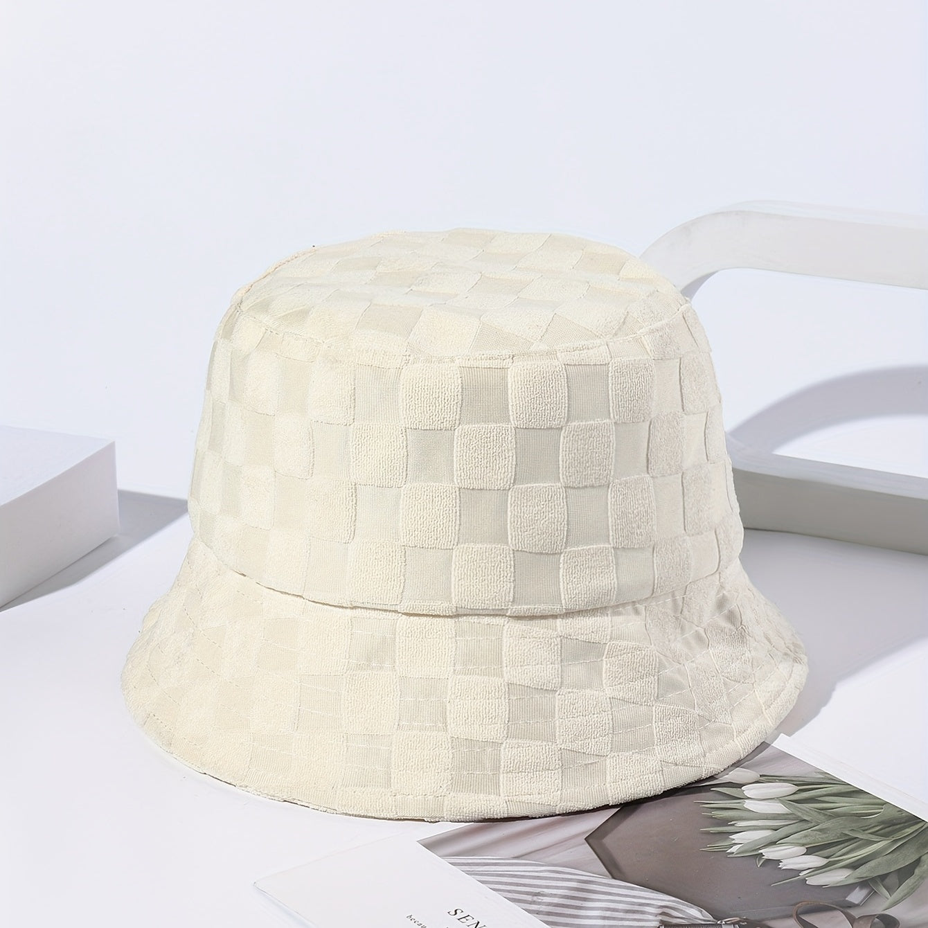 Plaid Embossed Bucket Hat Solid Basin Hat Unisex Fisherman Cap