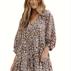 Boho Dress Ditsy Floral Lantern Sleeve V Neck Smock Dress
