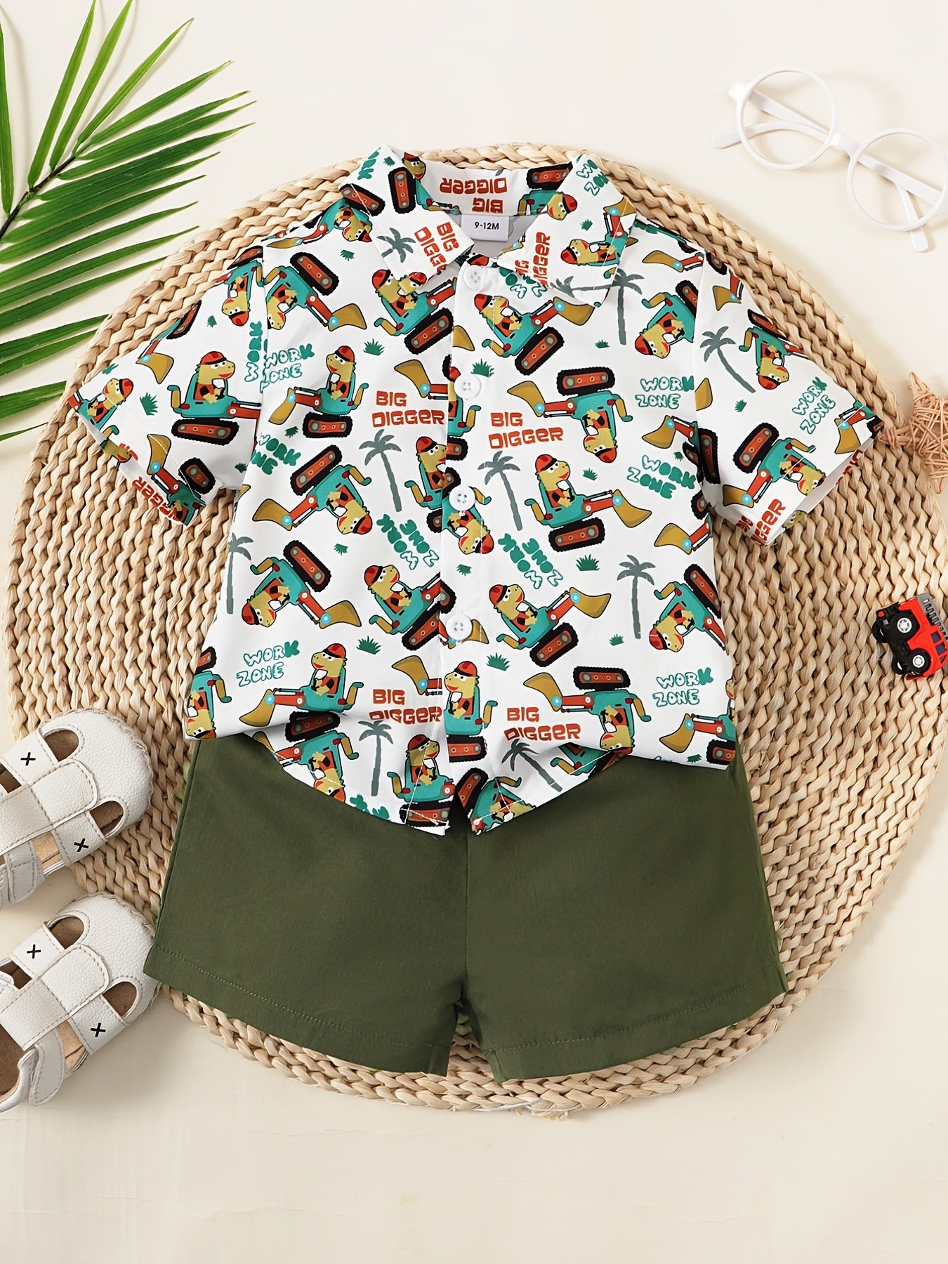 2pcs Baby Boys Cartoon Print Shirt & Shorts Set for Summer