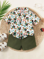 2pcs Baby Boys Cartoon Print Shirt & Shorts Set for Summer