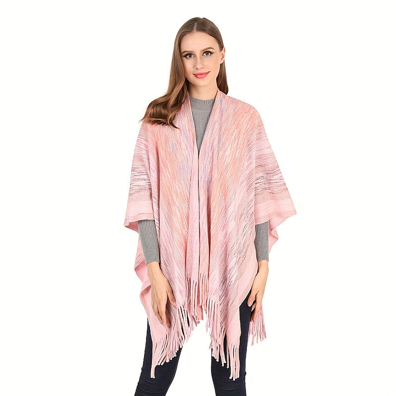 Knitted Fringed Shawl Wrap Long Cardigan