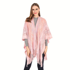 Knitted Fringed Shawl Wrap Long Cardigan