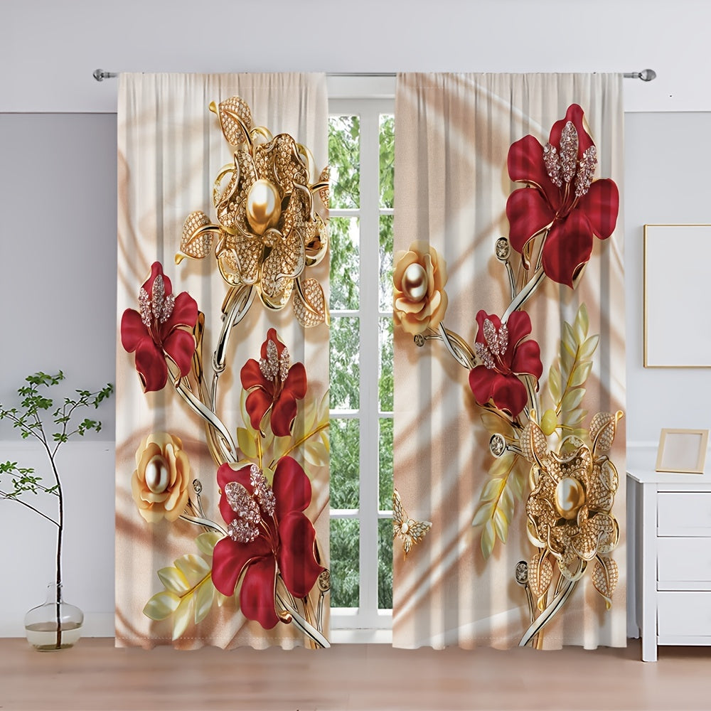 2pcs 3D Red Rose Flowers Curtain Golden Flowers Blackout Rod Pocket Curtain