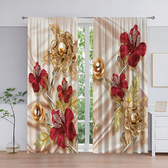 2pcs 3D Red Rose Flowers Curtain Golden Flowers Blackout Rod Pocket Curtain