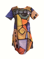 Geometric Pattern Lounge Dress Short Sleeve Crew Neck Home Dress