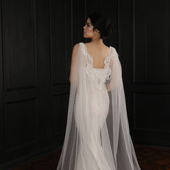 Bridal Wedding Veil Capelet Sheer Lace with Lace Trim Flowing Train