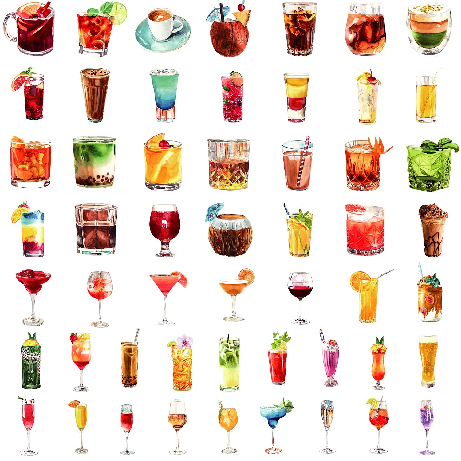 50pcs Watercolor Cocktail Sticker Pack Waterproof Vinyl Graffiti Decals