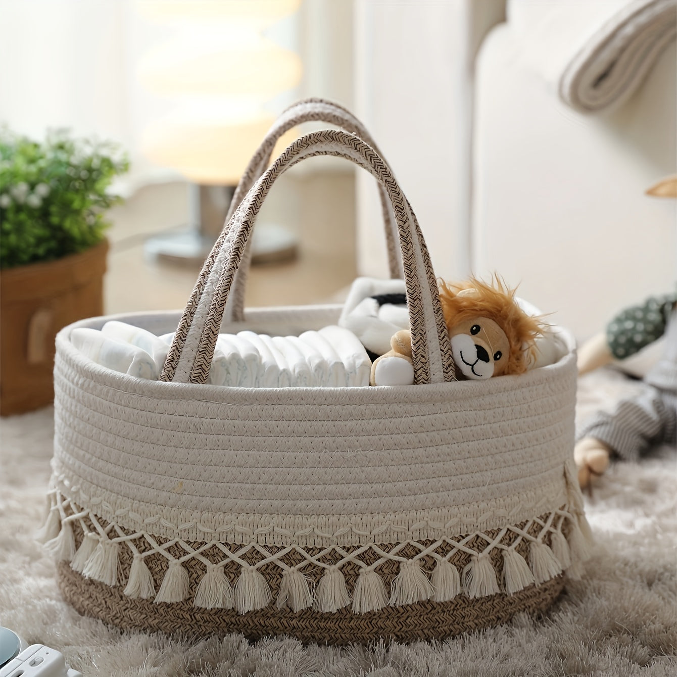 Boho Style Tassel Detachable Woven Storage Basket - Nursery and Home Organizer