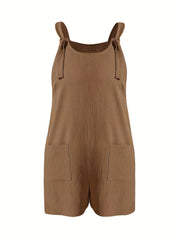 Solid Tie Shoulder Round Neck Romper Overalls