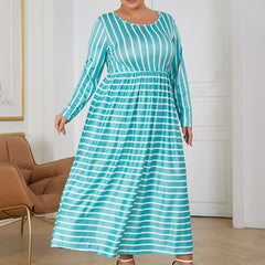 Striped Pattern Round Neck Loose Fit Maxi Dress Women's Plus Size