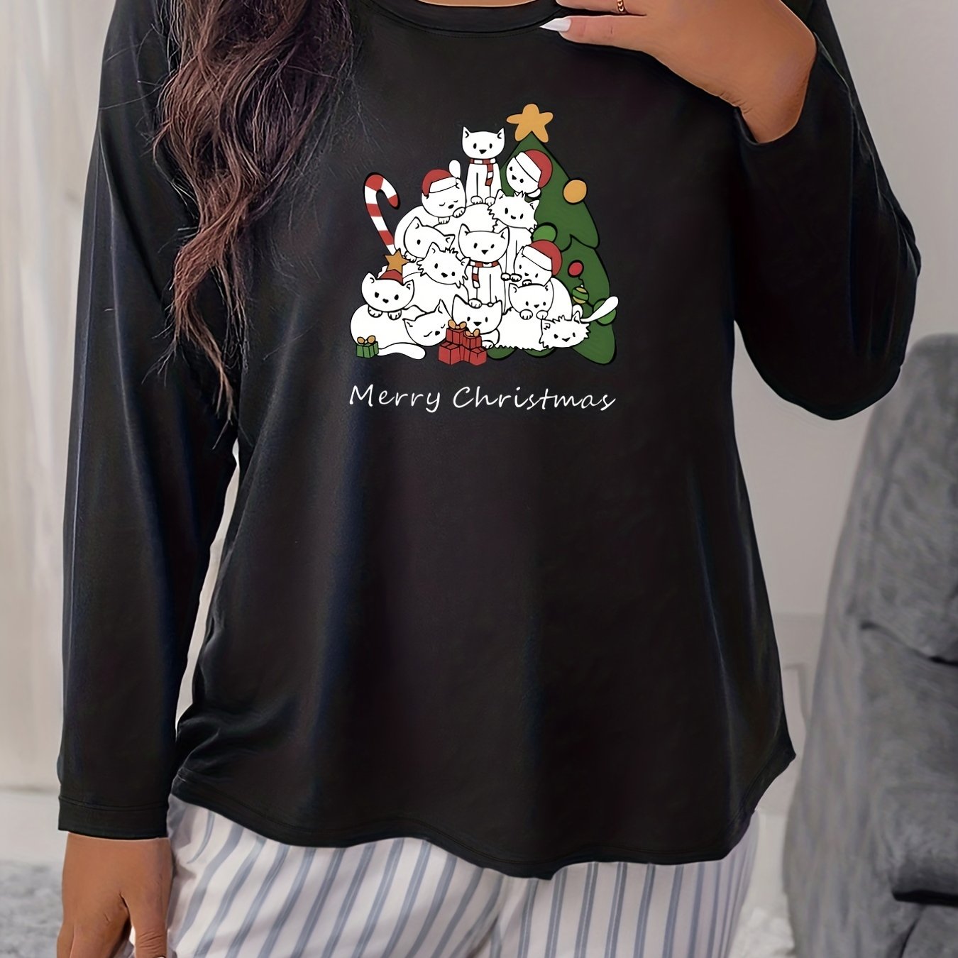 Christmas Lounge Top Women's Plus Christmas Tree & Cat Print