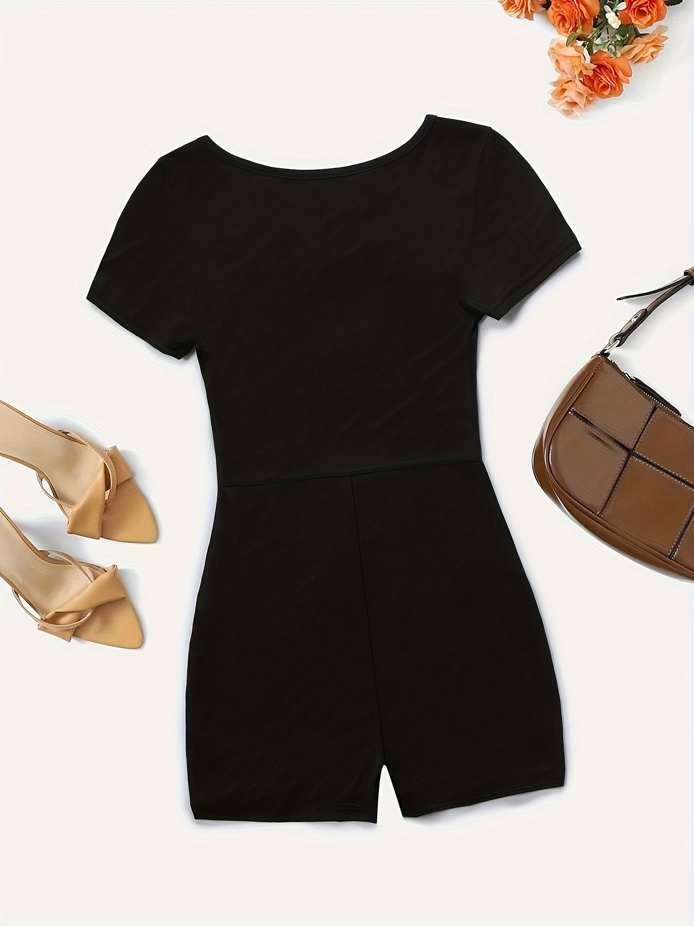 Notched Neck Slim Romper Jumpsuit Short Sleeve Casual