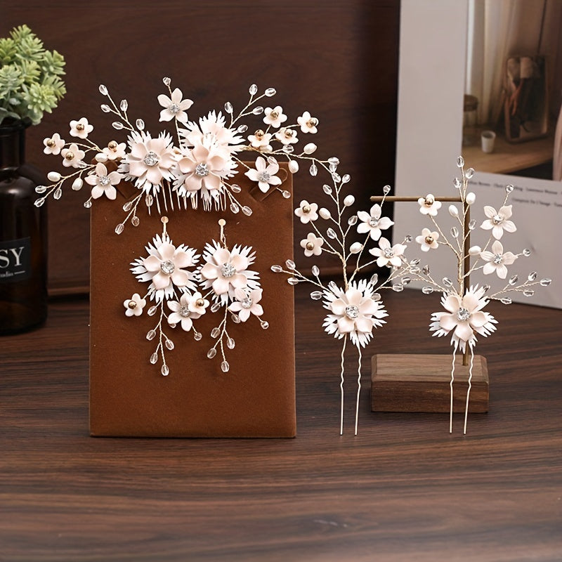 5pcs Bride Hair Comb Sweet Flower U-shaped Hairpin Wedding Dress Accessories