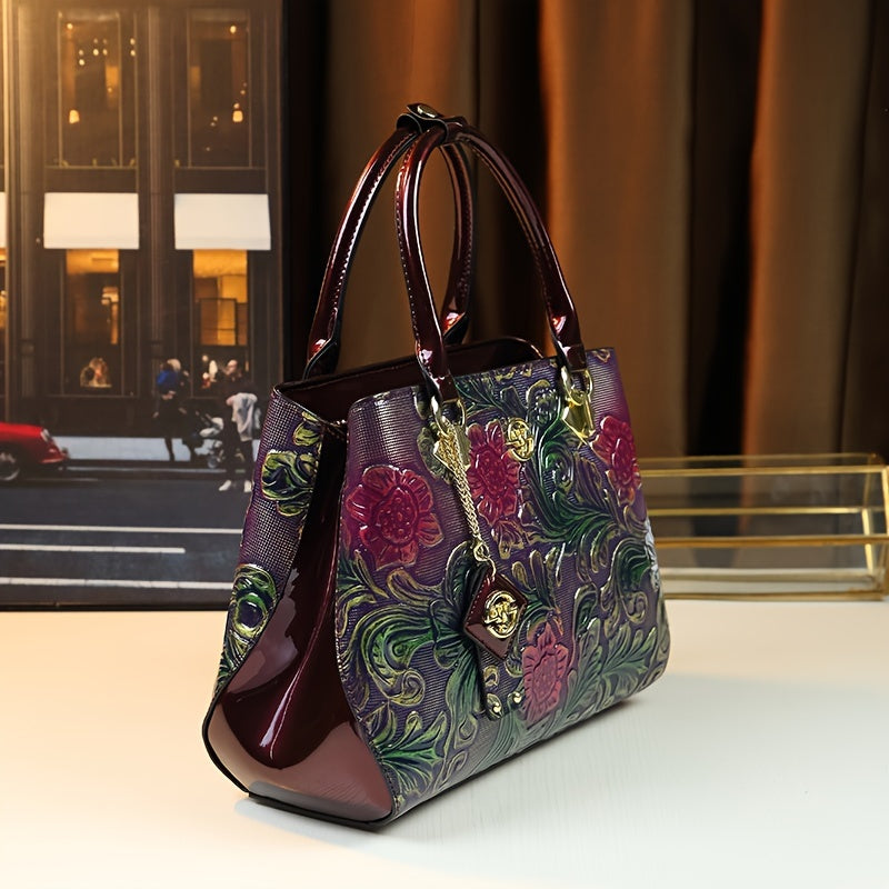 Vintage Floral Embossed Women's Handbag Purple & Green Crossbody Bag