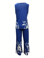 Floral Print Two Piece Set Tank Top & Wide Leg Pants Outfit