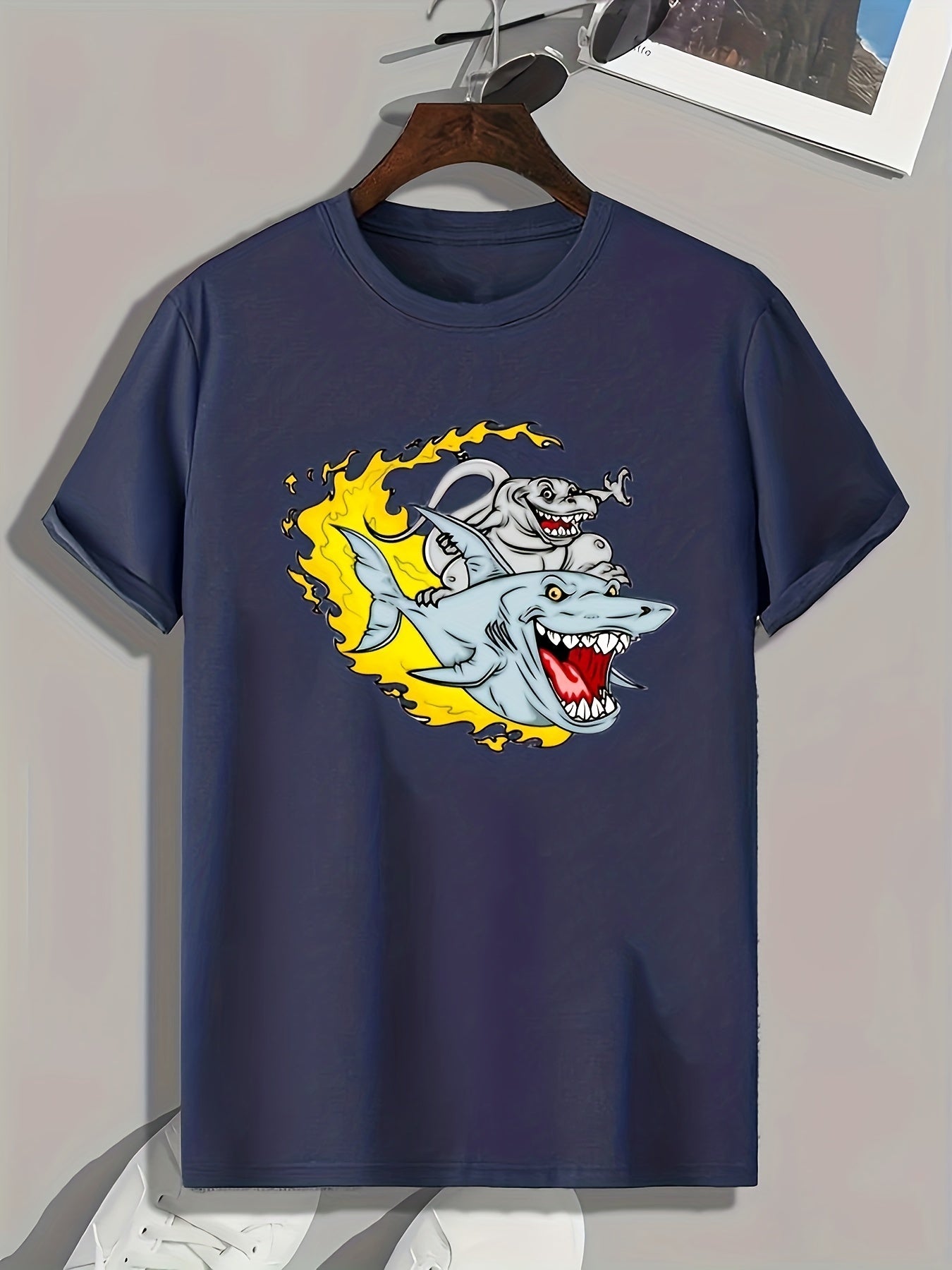 Shark & Monster Print Men's Graphic Tee for Summer