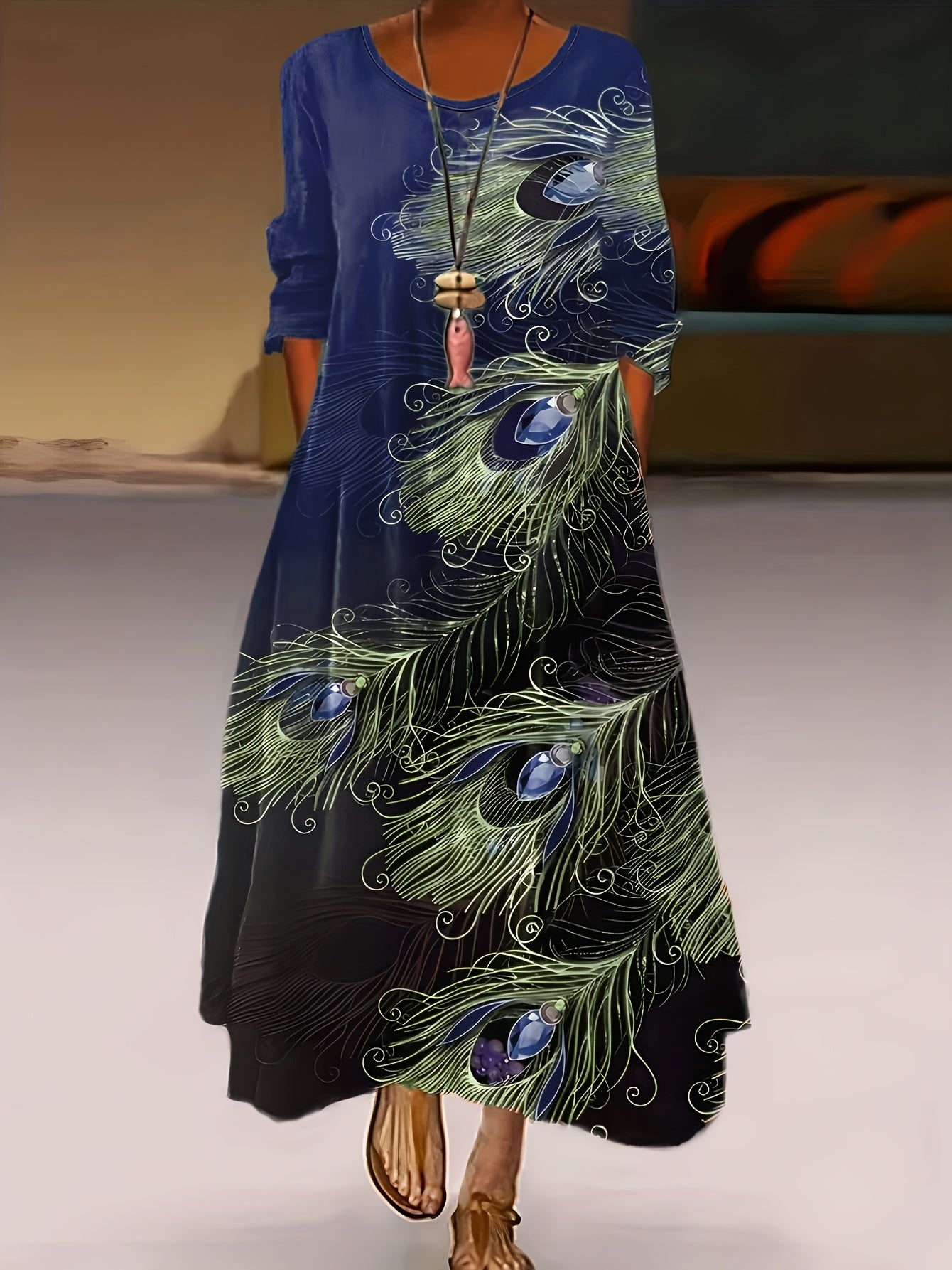 Peacock Print Long Sleeve Maxi Dress
