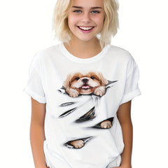 Girls Boys Puppy Graphic Short Sleeve T-shirt - Summer Sports Clothes