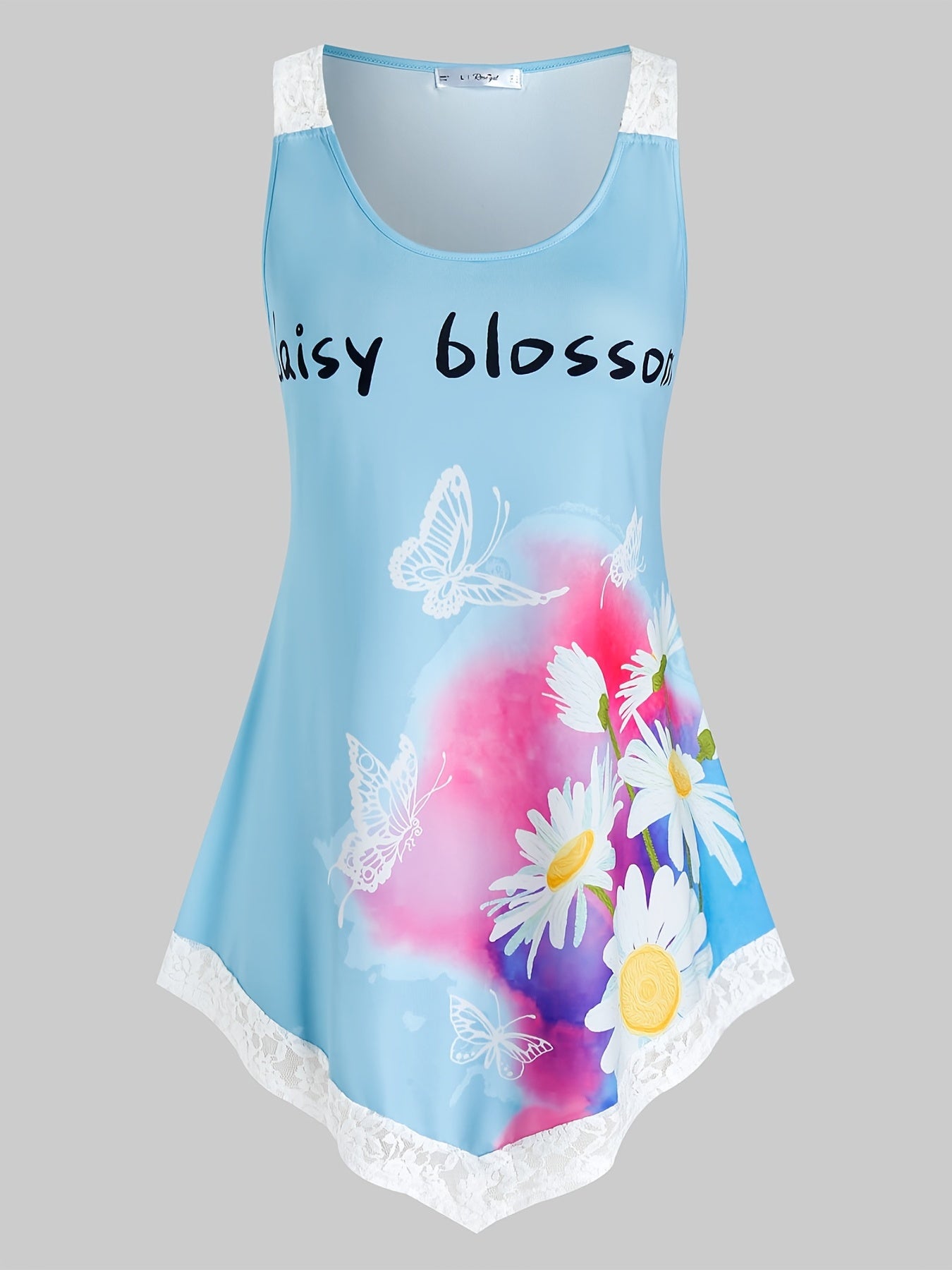 Daisy Print Lace Trim Round Neck Tank Top
