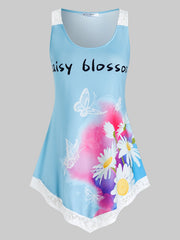 Daisy Print Lace Trim Round Neck Tank Top