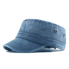 Men's Military Cap Vintage Flat Top Curved Brim Washed Cotton Cadet Army Cap