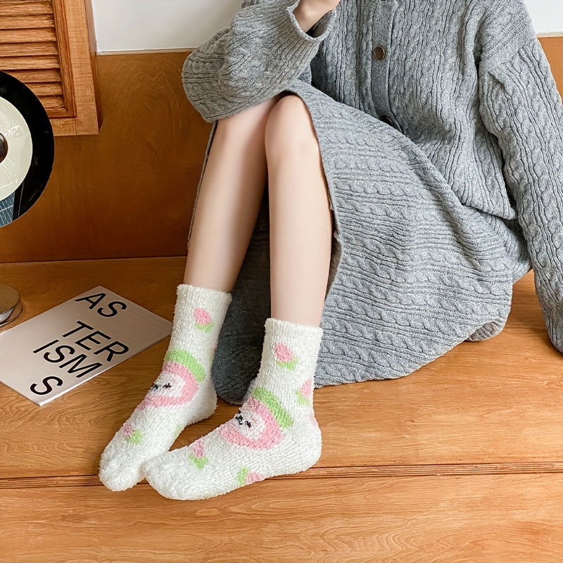 5 Pairs Bunny Print Socks Comfy & Fuzzy Women's Stockings