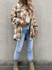 Preppy Button Plaid Drop Shoulder Jacket Casual Long Sleeve