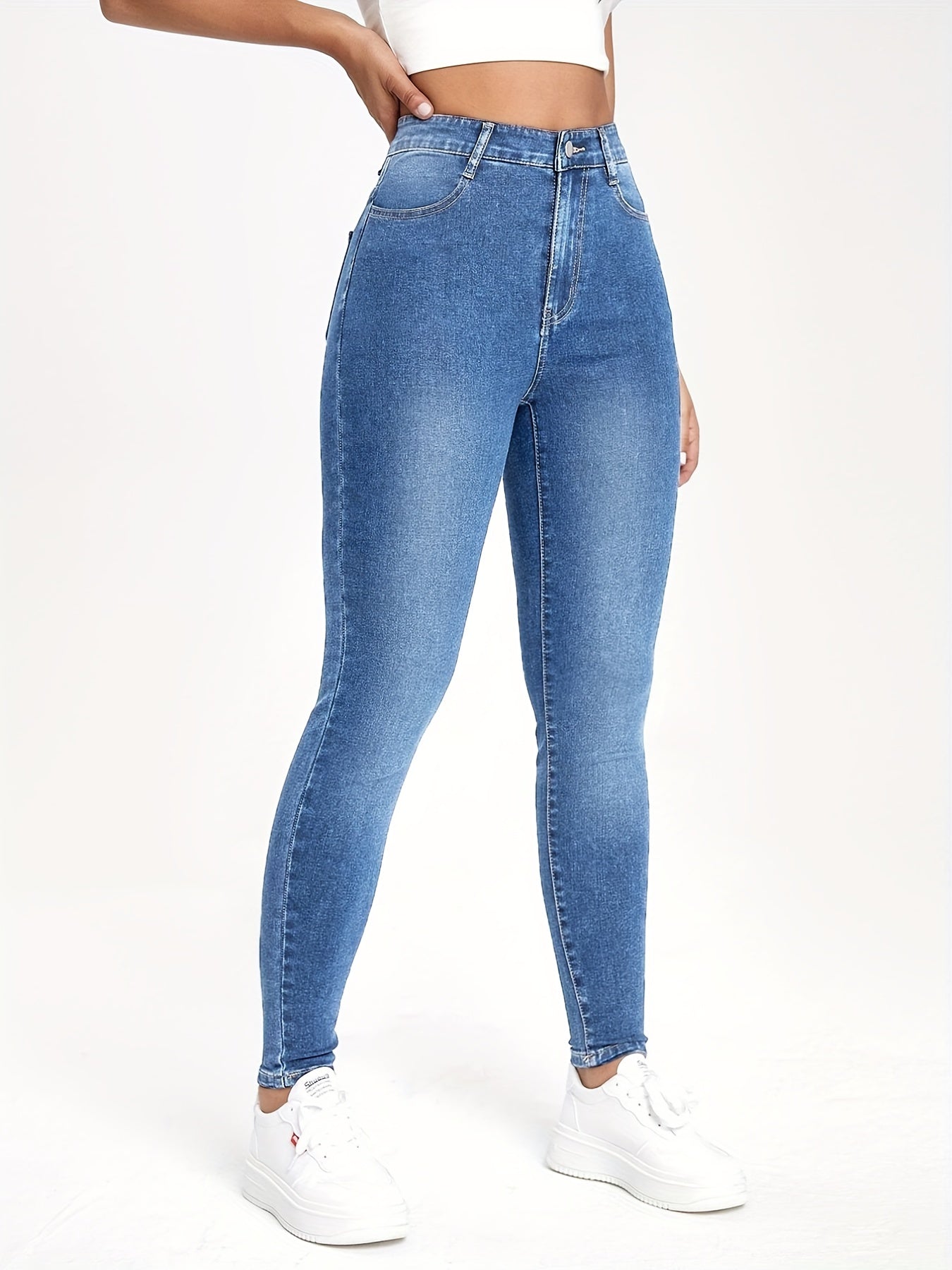 High Waist Skinny Jeans Slim Fit High Rise Slash Pockets Slight Stretch
