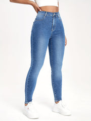 High Waist Skinny Jeans Slim Fit High Rise Slash Pockets Slight Stretch