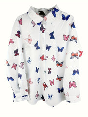 Butterfly Print Button Up Long Sleeve Blouse