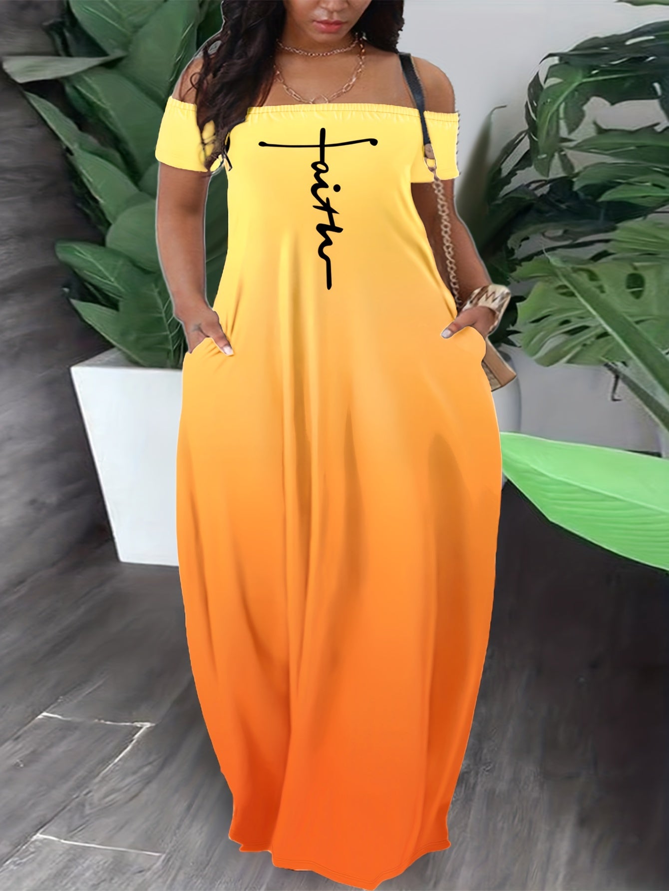 Casual Summer Dress Women's Plus Letter & Ombre Print Maxi Dress