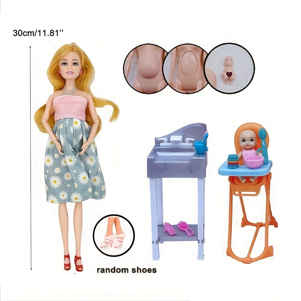 Fashionable Pregnant Mother and Birth Doll Set with Accessories