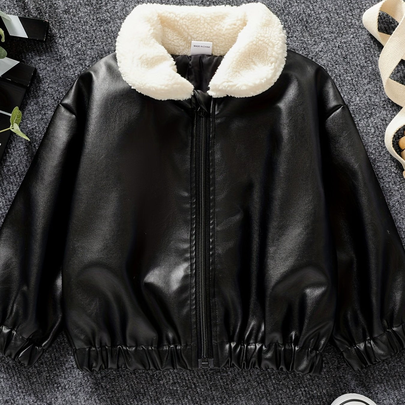 Toddler Boys Fleece PU Leather Zip Up Jacket