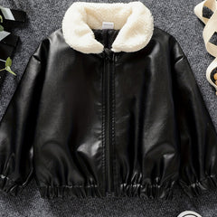 Toddler Boys Fleece PU Leather Zip Up Jacket