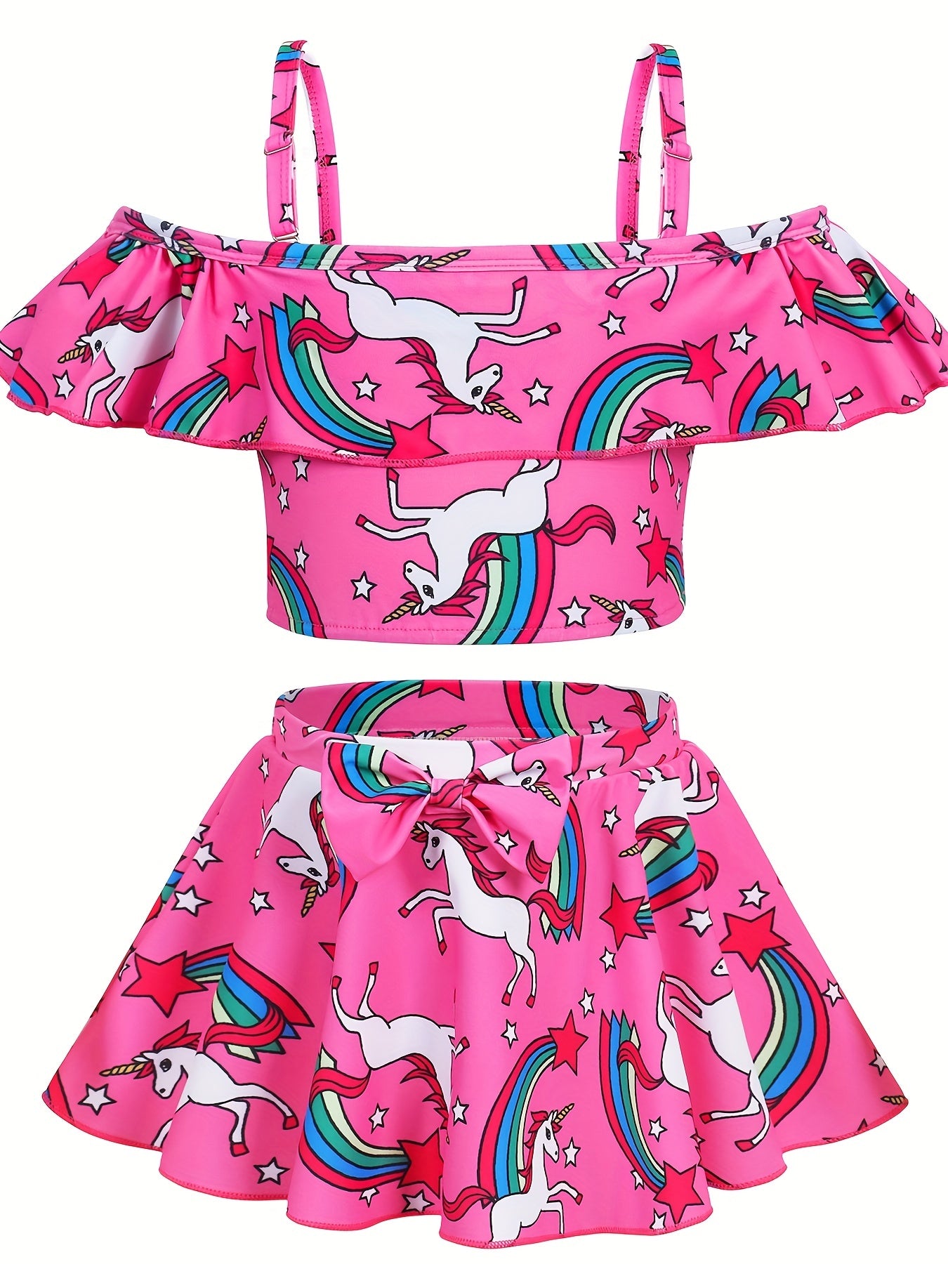 Toddler Girls Unicorn Swimsuit Ruffle Top & Bow Skort Set