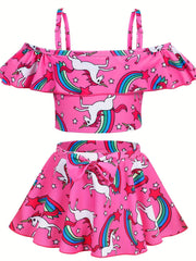 Toddler Girls Unicorn Swimsuit Ruffle Top & Bow Skort Set