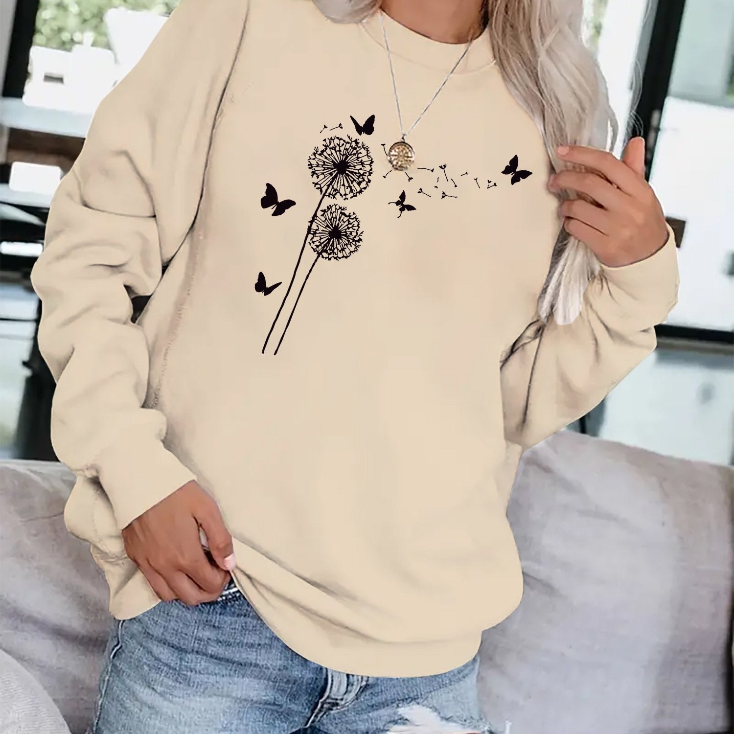 Dandelion & Butterfly Print Sweatshirt Casual Loose Drop Shoulder Sweatshirt