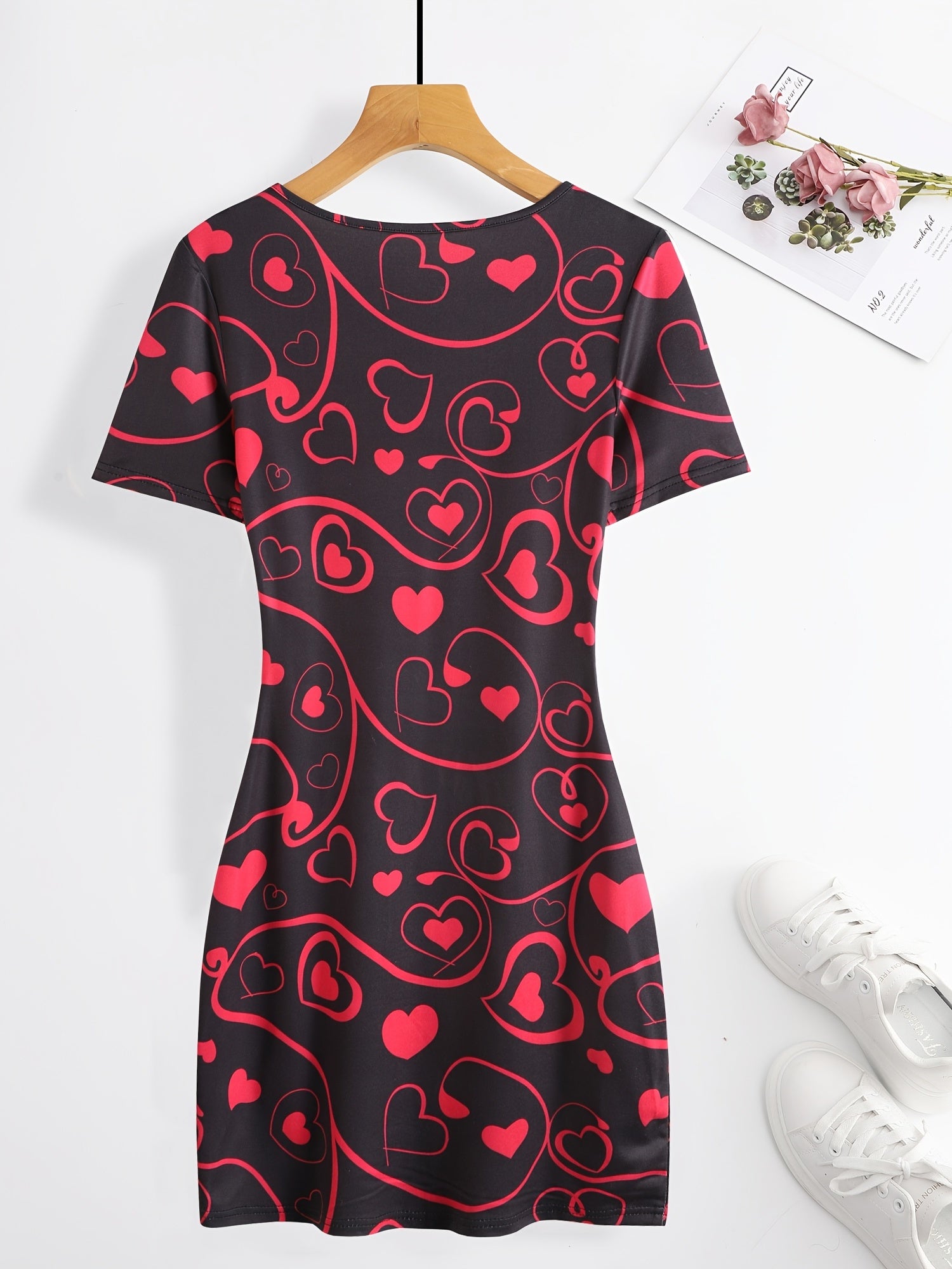 Heart Print Bodycon Dress Crew Neck Short Sleeve Women's Clothing