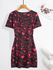 Heart Print Bodycon Dress Crew Neck Short Sleeve Women's Clothing